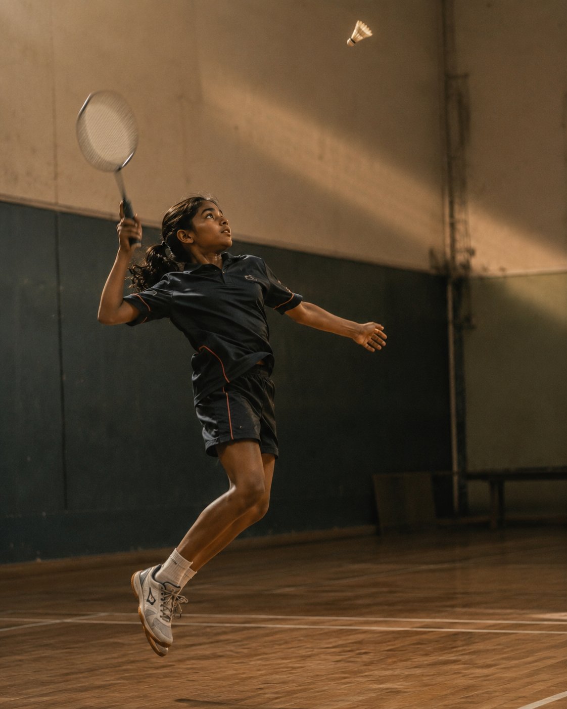 Young badminton player mid-smash