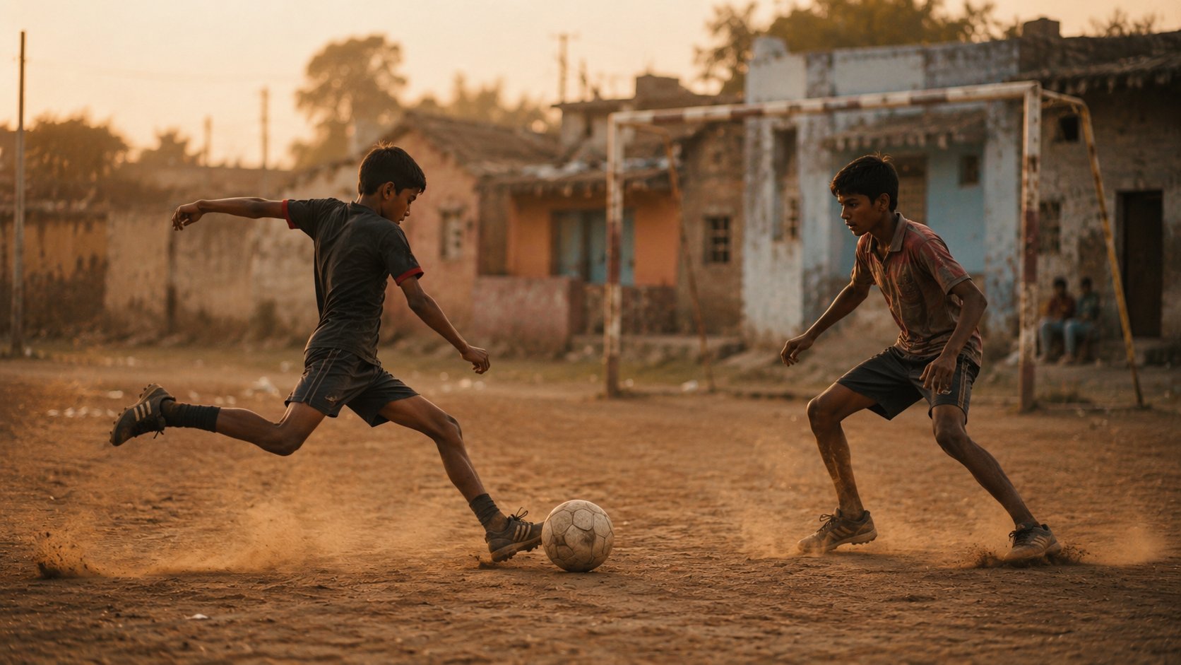 Boys playing football on a dirt ground at golden hour