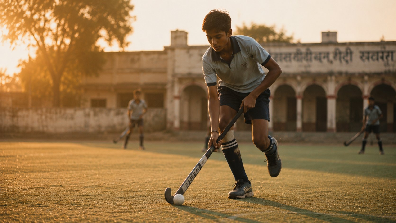 Young hockey player at golden hour