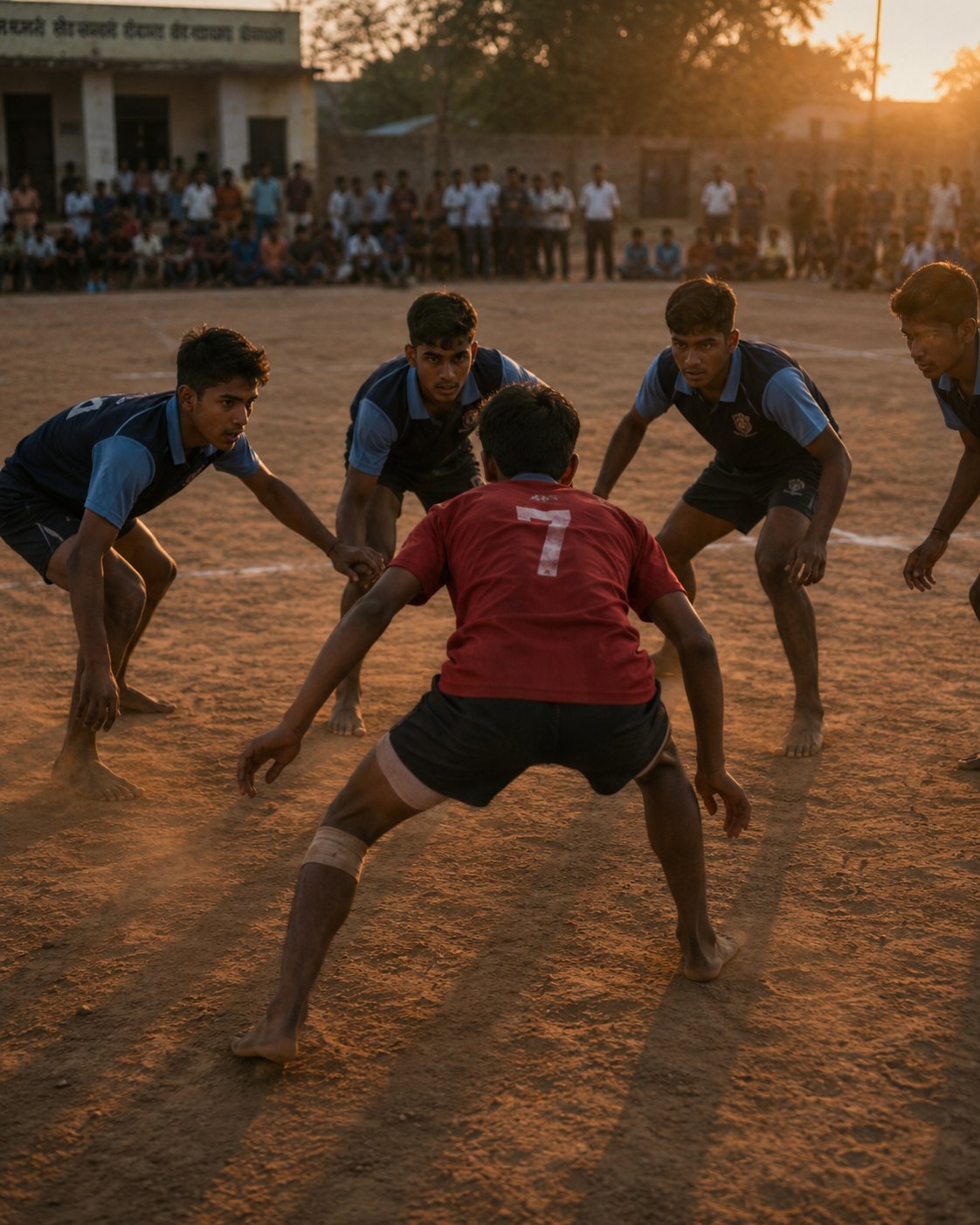 Young kabaddi players at dusk