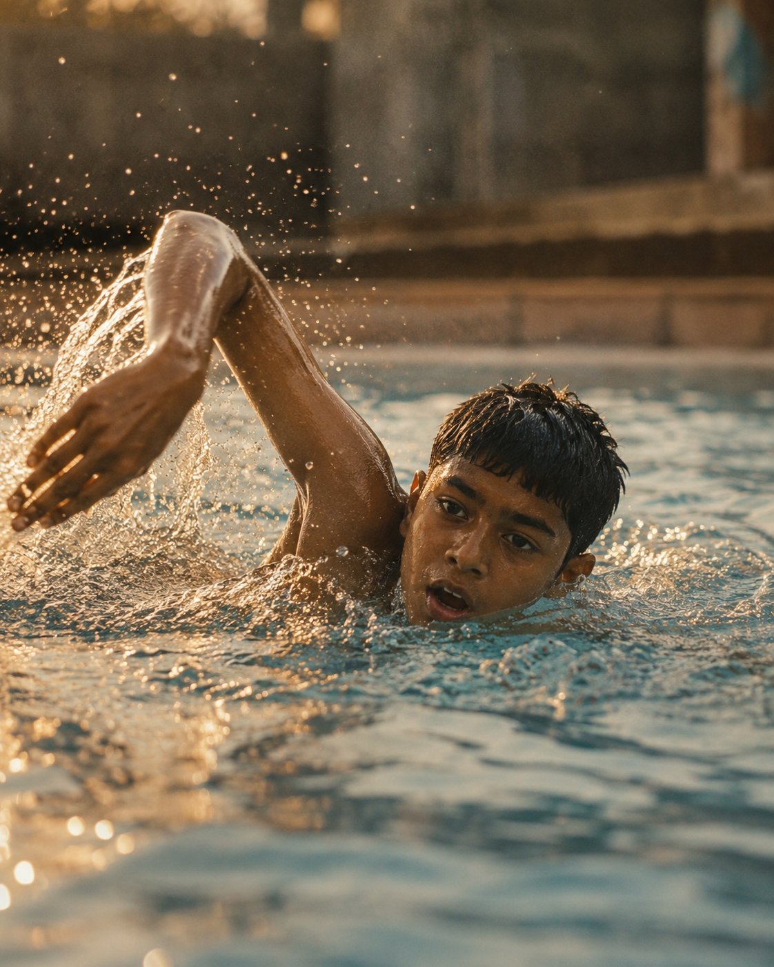 Young swimmer mid-stroke at golden hour